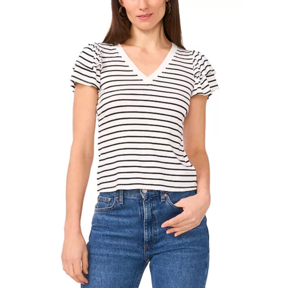 Sam & Jess Petite Ribbed Flutter- Sleeve Striped Top Size SP